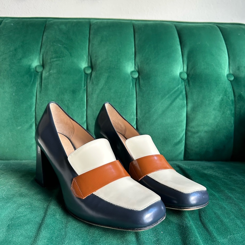 Stylish Women's Leather Loafers - Navy, White, and Brown